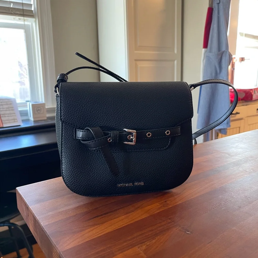 Michael Kors Emilia Black Pebbled Leather Saddle Crossbody Bag - Picture 1 of 7